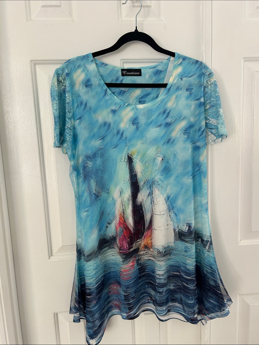 Creation Blue Sailboat-Print Short Sleeve Tunic